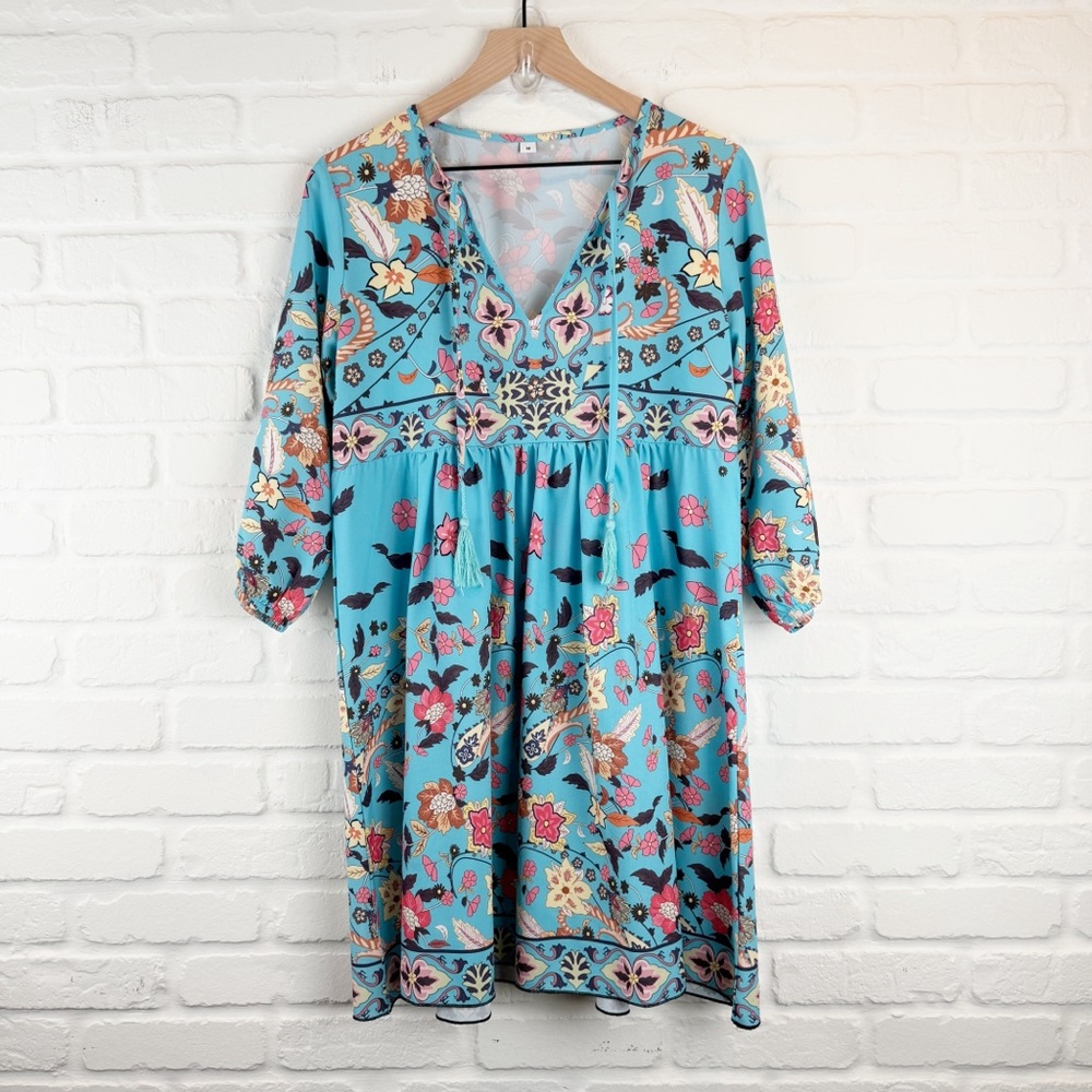 Aqua Blue Floral Knee length dress Tassel Ties Elastic Cuff Puff Sleeves Medium